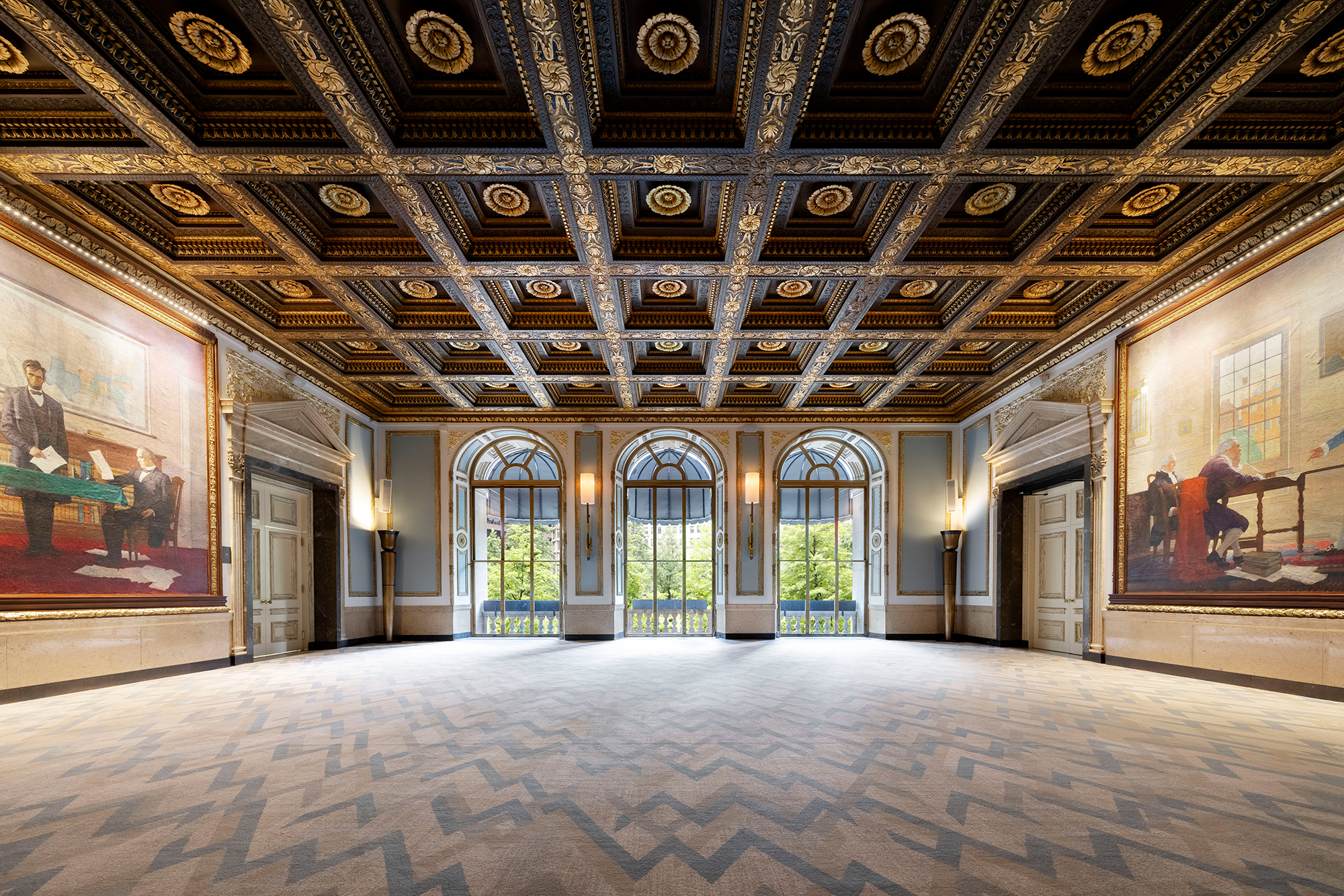 Wyeth - Corporate Event Venue - features two N.C. Wyeth murals, gold-coffered ceiling, and floor-to-ceiling windows.